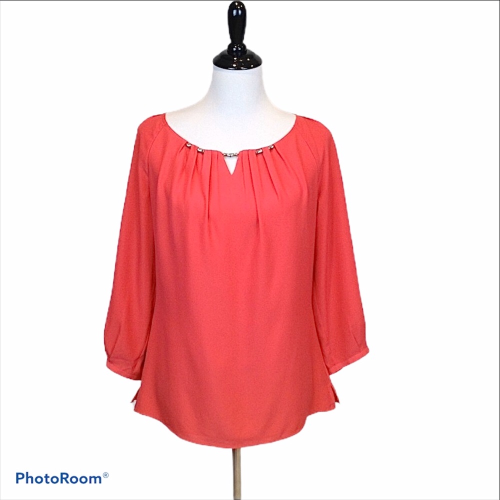 WHBM round embellished neckline 3/4 sleeve pullover blouse